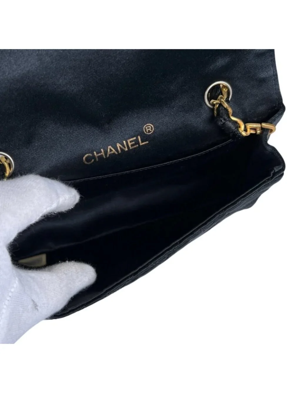Chanel Large CC Logo Quilted Chain Shoulder Bag Satin Black